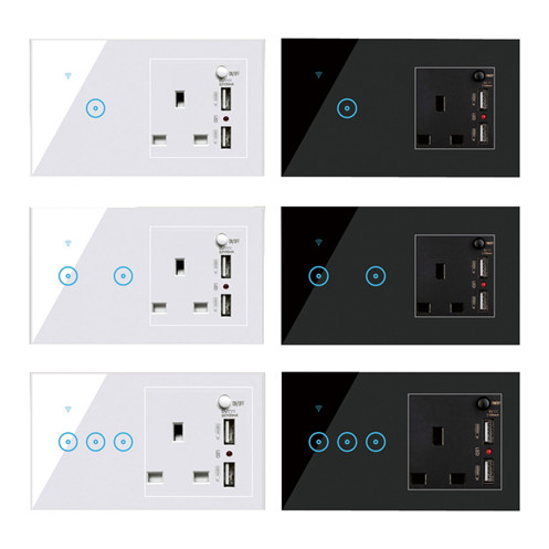 UK Standard with USB 1 2 3 Gang Smart Home Alexa Google Home Voice Tuya Smart Life App Smart Sockets And Switches Glass Touch Switch Socket 